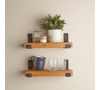 2 Pack Rustic Solid Wood Wall Shelves with Metal Brackets - 15cm Depth x 5cm Thickness - Rustic Pine Finish Off the Grain Light Oak 70cm x 15cm