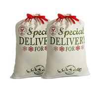 2 Pack Santa Sacks Christmas Canvas Gift Bags Extra Large with Red Drawstring for Xmas Stockings Stuffers Presents Holder & Party Decorations For Kids (26.8’’ X 19.7’’)