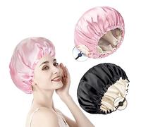 2 Pack Satin Bonnet, Adjustable Double-Sided Sleep Bonnet, Silk Hair Wrap for Sleeping, Soft Sleeping Head Cover Sleeping Hat for Women and Girls Curly Hair (Black & Pink)
