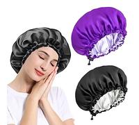 2 Pack Satin Bonnet, Adjustable Double-Sided Sleep Bonnet,Silk Hair Wrap for Sleeping, Soft Sleeping Head Cover Sleeping Hat for Women and Girls Curly Hair (Black and Purple)