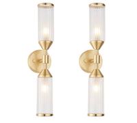 2 Pack Satin Brass Twin Wall Light & Ribbed Glass Shades Frosted Glass Defusers