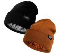 2 Pack Satin Lined Beanie Hats for Men Women Winter Warm Knitted Cuffed Silk Lined Slouchy Skull Cap, Black+Brown, One Size