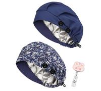 2 Pack Satin Lined Bouffant Scrub Caps with Buttons, Adjustable Scrub Caps for Women Men, 2 Pack Satin Lined Navy+s Flora, One Size