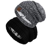 2 Pack Satin Lined Knitted Beanie Hats for Women Winter Warm Stretch Slouch Cable Beanie with Satin Silk Lining, Black+Mixed Black, One Size