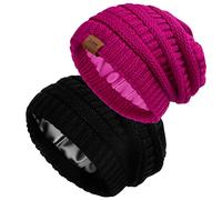 2 Pack Satin Lined Knitted Beanie Hats for Women Winter Warm Stretch Slouch Cable Beanie with Satin Silk Lining, Black+Rose, One Size