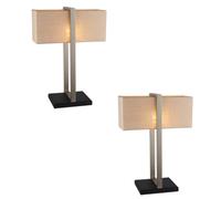 2 Pack Satin Nickel Framed Table Lamp Light & Linen Shade - Matt Black Base