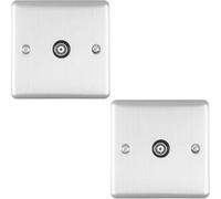 2 Pack Satin Steel Single Aerial Coaxial Socket Female Wall Plate Black Trim
