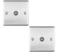 2 Pack Satin Steel Single Aerial Coaxial Socket Female Wall Plate Grey Trim