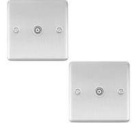 2 Pack Satin Steel Single Aerial Coaxial Socket Female Wall Plate White Trim