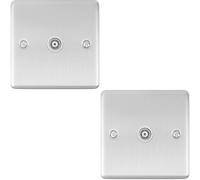 2 PACK SATIN STEEL Single Aerial Coaxial Socket Female Wall Plate White Trim