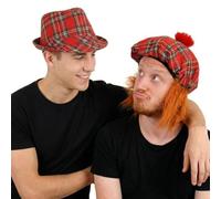 2 Pack Scottish Tartan Hat Set - Tam O’ Shanter Hat with Attached Ginger Hair & Tartan Trilby - Burns Night, St Andrew’s Day & Scotland Fancy Dress Costume Accessories