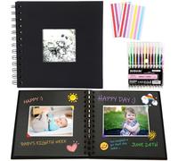 2 Pack Scrapbook Photo Album, 230gsm Black Square Scrap Book with Colored Pencil and Corner Sticker - Ideal for Kids Adullts Baby Scrapbooking Arts Crafts Travel Adventure Couples DIY