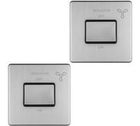 2 Pack SCREWLESS 6A Extractor Fan Isolator Switch Satin Steel 3 Pole Shower - 230V Bathroom Wetroom Fan Switch Wall Plate