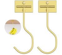 2-Pack Self Adhesive Banana Hook, Metal Banana Hanger Hook,Under Cabinet Hook for Bananas Or Other Kitchen Items, Foldable Banana Hook, Folds Up with Magnets When Not in Use, Keep Bananas Fresh,Gold