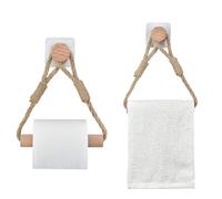 2-Pack Self-Adhesive Toilet Paper Holders - Rustic Industrial Jute Rope & Wood Bracket, Wall-Mounted Towel Racks, Eco-Friendly Bathroom Accessories Set