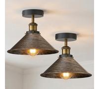 2 Pack Semi Flush Ceiling Light 22Cm Brushed Copper Cone Shade Metal E27 Industrial Lamp Bedroom Kitchen Hallway With Bulb