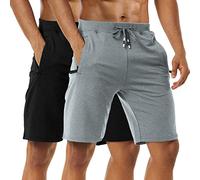 2 Pack Shorts for Men, Summer Casual Cotton Athletic Sports Shorts, Quick Dry Elastic Waist Gym Joggers Shorts, Adjustable Drawstring Workout Running Shorts with Zipper Pockets Black/Light Gray M