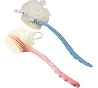 2 Pack Shower Body Brushes with Bristles and Loofah, Back Scrubbers Bath Mesh Sponge with Curved Long Handle for Exfoliating Skin, Massage Bristles Suitable for Wet or Dry, Men and Women (Blue & Pink)