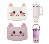 2 Pack Silicone Boot for Stanley Cup, Cute Cat Decorations Cup Tumbler Bottom Sleeve Compatible with Stanley Quencher 40oz & Stanley IceFlow 30oz 20oz, Protector Rubber Accessories (White & Pink)