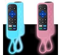 2 Pack Silicone Remote Cover for Roku TV Remote, Glow in The Dark Protective Case Compatible with Roku Express, Streaming Stick & Premiere, Anti-Slip Remote Sleeve with Lanyard (Glow Blue & Glow Pink)