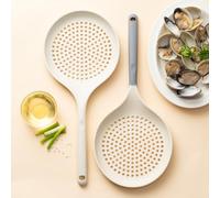 2-Pack Silicone Skimmer with Long Handle, Heat Resistant Large Silicone Frying Strainers, Silicone Colander for Draining Pasta, Dumplings, Wonton, Noodles, Vegetables and Fruits