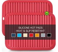 2 Pack Silicone Trivets - Heat Resistant Non-Slip Flexible Pot Holders for Hot Dishes & Pans - Red Silicone Trivet Mat Dish Drying Mat Spoon Rest, 9x12 in
