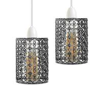 2 Pack Silver Cage Ceiling Lampshade Drum Pendant Light Shade E27 | Brushed silver cage E27 13.5x11cm Easy-fit no tools LED compatible For bedroom, hallway, living room.