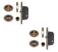 2 Pack - Sliding Pocket Door Lock & Latch Set - Antique Brass Rounded Forend Finger Pull