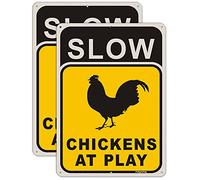 2 Pack Slow Chickens at Play Sign Chicken Crossing Sign 14 x 10 Inches Chicken Coop Signs for Farm Metal Reflective Rust Aluminum Weatherproof UV Protected Easy Mount Indoor Outdoor Use