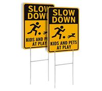 2 Pack Slow Down Metal Sign, Kids and Pets at Play Sign with H-stakes, 14"×10" Reflective Aluminum Sign, Fade Resistant/Waterproof , Including Screws, Easy to Install, Outdoor Use