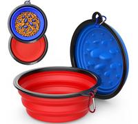 2 Pack [Slow Feeder Design + Regular], Collapsible Dog Bowl Travel Portable Pet Bowls, [34oz,1000ml] Foldable Food Water Feeding Dishes for Traveling Hiking Walking with Carabiners [Blue,Red]