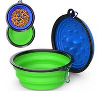2 Pack [Slow Feeder Design + Regular], Collapsible Dog Bowl Travel Portable Pet Bowls, [34oz,1000ml] Foldable Food Water Feeding Dishes for Traveling Hiking Walking with Carabiners [Blue,Green]