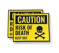 2 PACK - Small 100mm X 80mm CAUTION RISK OF DEATH KEEP OUT Self Adhesive Stickers - Yellow/Black, Sign, Private Property, Surveillance, Danger, Skull, Warning
