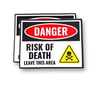 2 PACK - Small 100mm X 80mm DANGER RISK OF DEATH Self Adhesive Stickers - Sign, Private Property, Surveillance, Danger, Skull, Warning