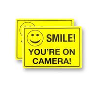 2 PACK - Small 115mm X 80mm SMILE YOUR ON CAMERA Self Adhesive Stickers - W55R Vivid Yellow/Black, Sign, Warning, Private Property, Surveillance