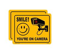 2 PACK - Small 11cm X 8.5cm SMILE YOUR ON CAMERA CCTV Self Adhesive Stickers - Yellow/Black, Sign, Warning, Private Property, Surveillance
