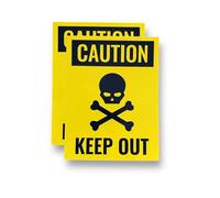 2 PACK - Small 70mm X 90mm CAUTION KEEP OUT Self Adhesive Stickers - Yellow/Black, Sign, Private Property, Surveillance, Danger, Skull, Warning SG249