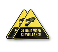 2 PACK - Small 90mm X 70mm 24 HOUR VIDEO SURVEILLANCE Self Adhesive Stickers - Yellow/Black Triangle, Sign, Warning, Private Property, Surveillance