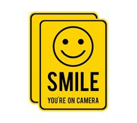 2 PACK - Small 9cm X 12cm SMILE YOUR ON CAMERA Self Adhesive Stickers - Yellow/Black, Sign, Warning, CCTV, Private Property, Surveillance