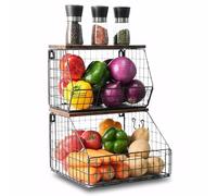 2 Pack Small and Large Vegetable Rack,Wall Mounted Fruit Basket for Kitchen,Countertop,Vegetable Rack for Kitchen,Hanging Veg Baskets, Black Wire Basket,Stackable Fruit And Veg Storage for Bread