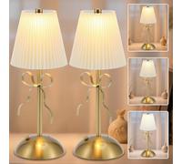 2 Pack Small Gold Bow Table Lamp,Girl's Bedroom Cute Bow Table Lamp with Fabric Shade,3 Colour Stepless Dimmable Touch Control Bedside Lamps,Bedroom Living Room Desk Lamps Home Decor Ambient Lighting