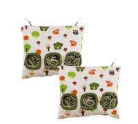 2-Pack Small Pet Hanging Hay Bags, Blue Hay Feeder Bags, Single or Double Hole, Rabbit Pattern FabricWashable Rectangular Feeding Storage Bags (B-3 holes)