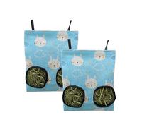 2-Pack Small Pet Hanging Hay Bags, Blue Hay Feeder Bags, Single or Double Hole, Rabbit Pattern FabricWashable Rectangular Feeding Storage Bags (Double hole)