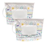 2 Pack Small Size Portable Wet Wipe Pouch Container (7’’ x 5.4’’), Reusable & Refillable Baby Wipes Case Holder, Eco Friendly Handy Travel Diaper Wipes Carrying Dispenser (Sunshine Ocean)