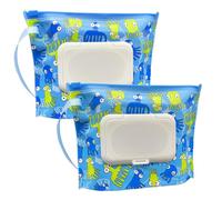2 Pack Small Size Portable Wet Wipe Pouch Container (7’’ x 5.4’’), Reusable & Refillable Baby Wipes Case Holder, Eco Friendly Handy Travel Diaper Wipes Carrying Dispenser (Blue Inkfish)