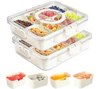 2 Pack Snack Box with Compartments Tray, Plastic Divided Snack Tray with Lid and Handle for Food Container, 8 Removable Compartment Snackle Box Organizer for Charcuterie Candy, Fruits, Snacks, Nuts