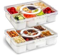 2 Pack Snackle Box, Divided Snack Tray with Lid and Handle, Tray 8 Removable Compartment Box, Reusable Snack Boxes for, Spices, Candy, Fruits, Nuts - Dishwasher Safe