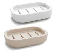 2-Pack Soap Dish with Drain Plastic Sponge Holder Easy Cleaning Soap Saver Tray Caddy Keep Dry Stop Mushy for Shower Bathroom Kitchen (White+Sand)