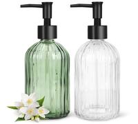 2 Pack Soap Dispenser with Pump, 13 Oz Clear Liquid Hand Soap Dispenser,Great for Lotions, Essential Oil, Liquid Soaps, Glass Dish Soap Dispenser Set (Transparent + Dark Green-2 pack)