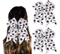 2 Pack Soccer Cheer Bows Hair Ties for Women Girls, Large Ponytail Holder with Football Pattern, Elastic Hair Ropes for World Cup Game Day, Black White